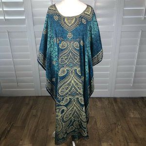 Jade Green Gold Kaftan Sante Classics Dress Cover Up One Size Teal MuuMuu Patio